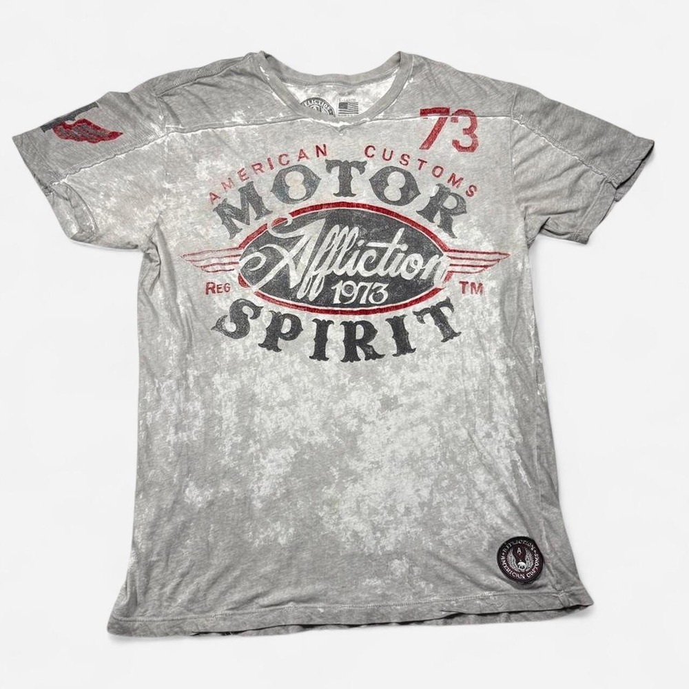 Y2K Affliction 'American Customs Motor Spirit' gray graphic tee, size XL